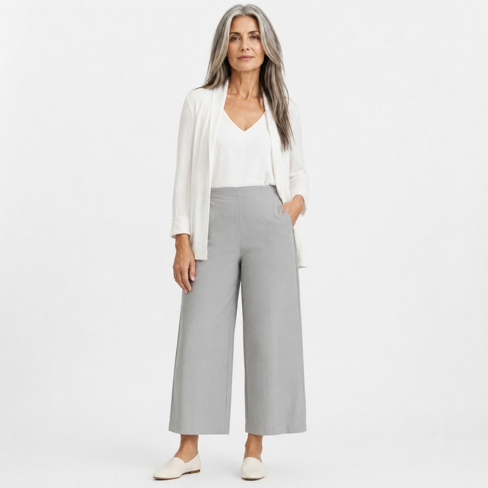 Tribal Lola High Waisted Pull On Wide Leg Cropped Pant Light Grey 6 NWT